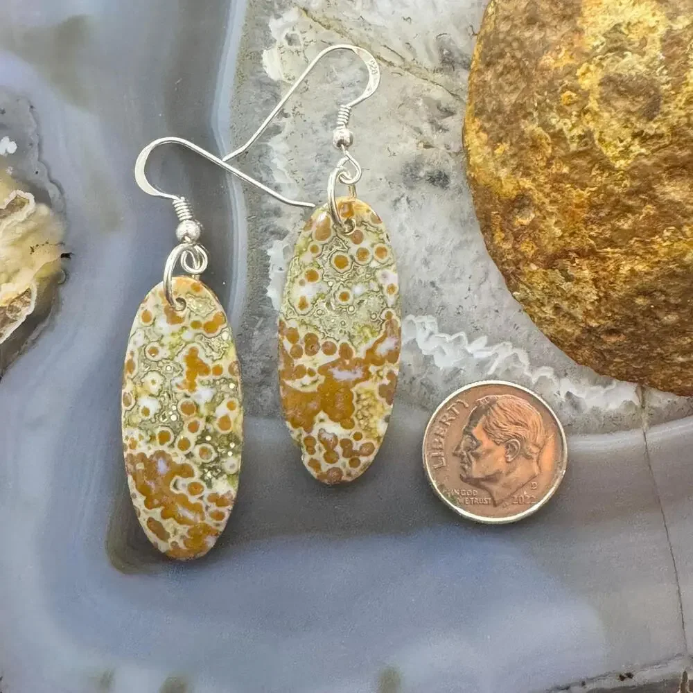 Sterling Silver Elongated Oval River Jasper Slab Dangle Earrings For Women #352